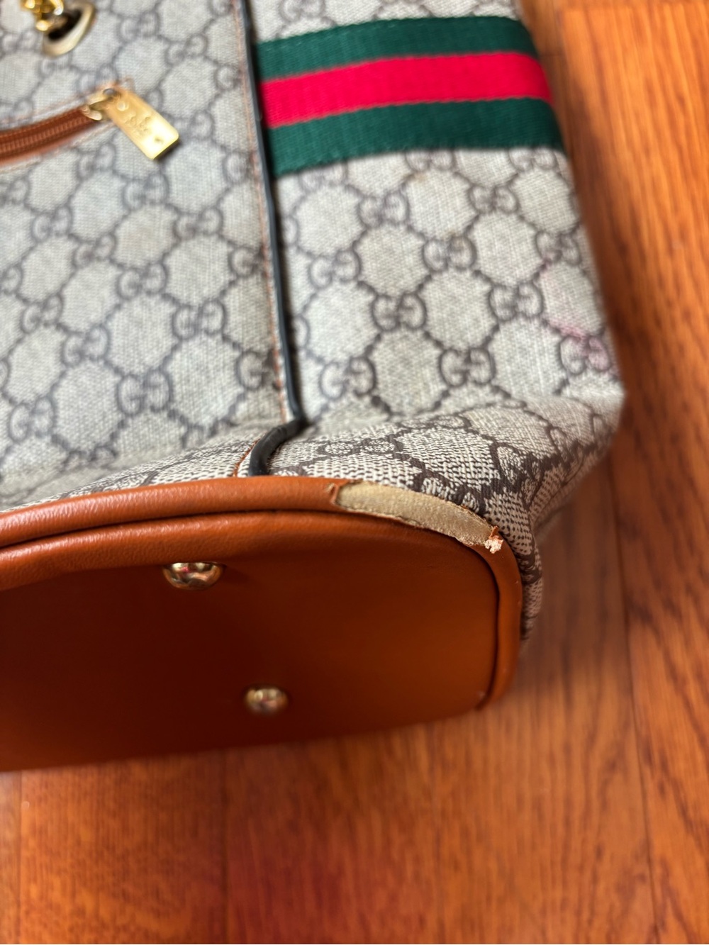 Gucci Brown Monogram Tote with Green & Red Stripe - Picture 5 of 13